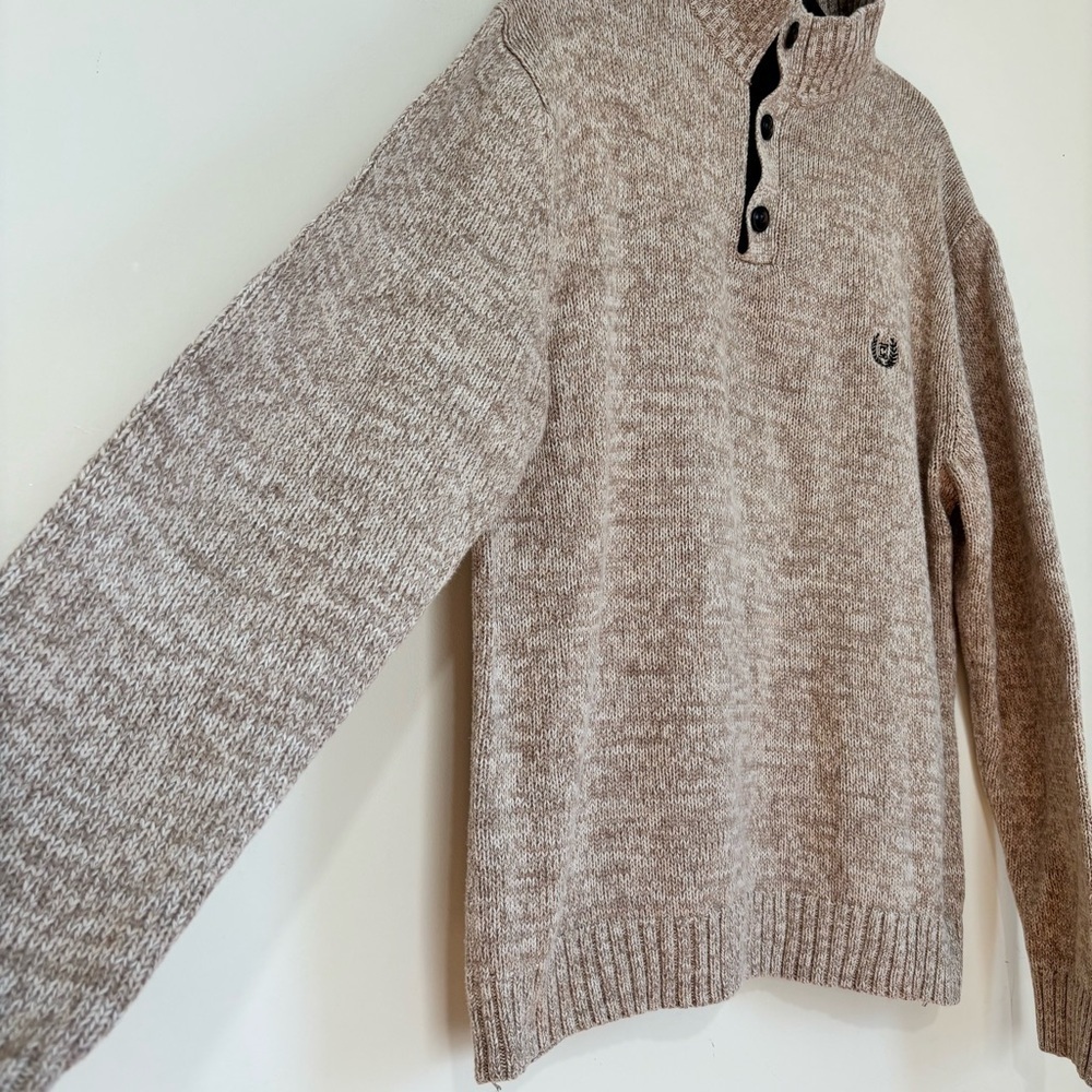 Chaps Men Beige Brown Quarter Button Long Sleeve Elbow Patch Cotton Knit sweater - Picture 4 of 16